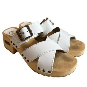 y2k Candies sandals wooden clog 8.5 criss cross white leather straps buckles